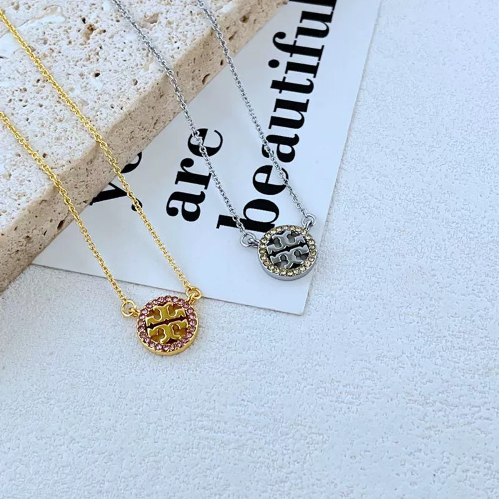 Tory Burch Rhinestone Hollow Round Letter Metal Necklace